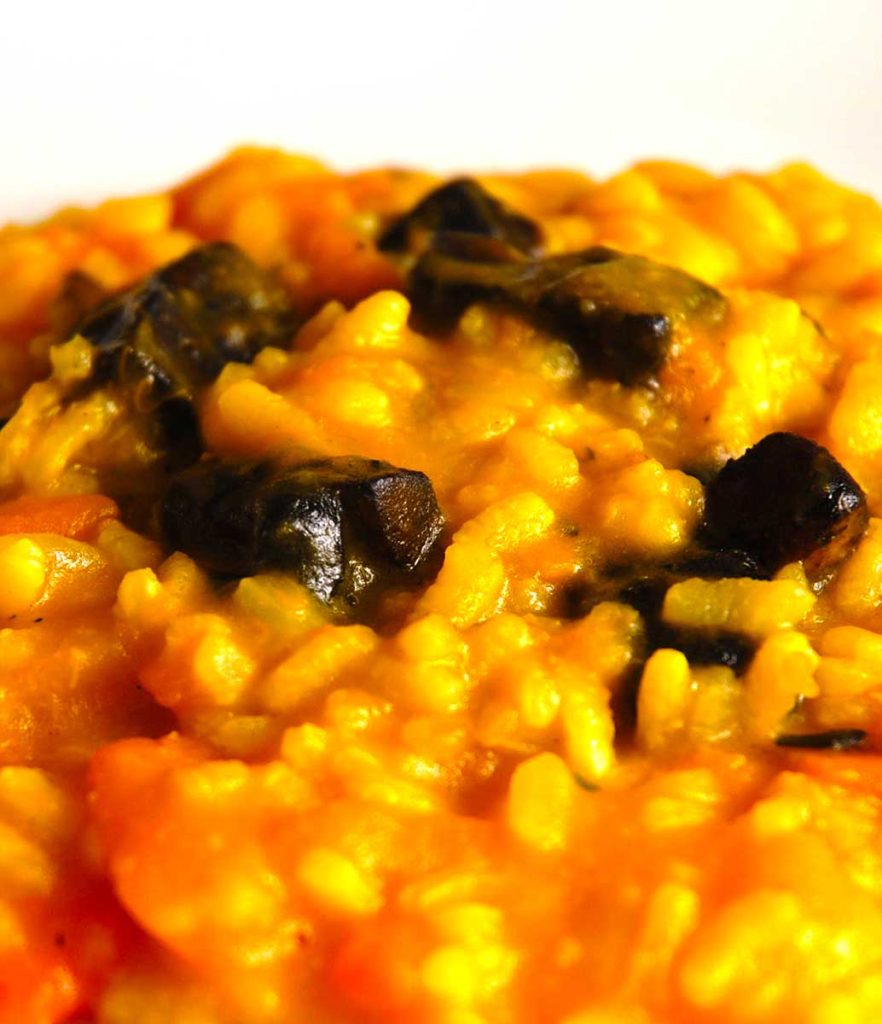 Serving sugesstion - close up of pumkin risotto mixed with dark fried mushrooms.