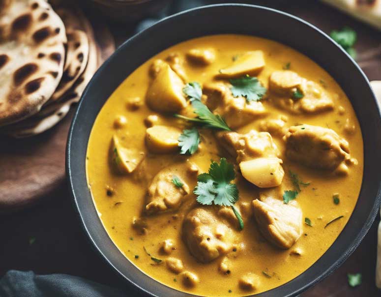 Chicken and potato coconut curry served in a black bowl with naan bread.