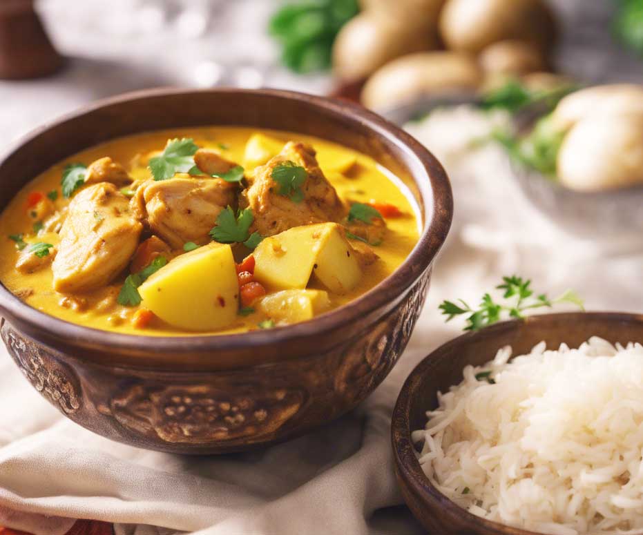 Goan chicken and potato coconut curry served with rice.