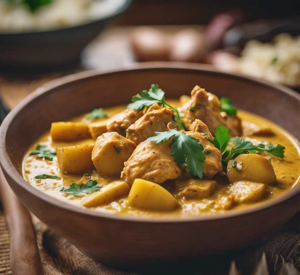 Close up of Goan chicken and potato curry.