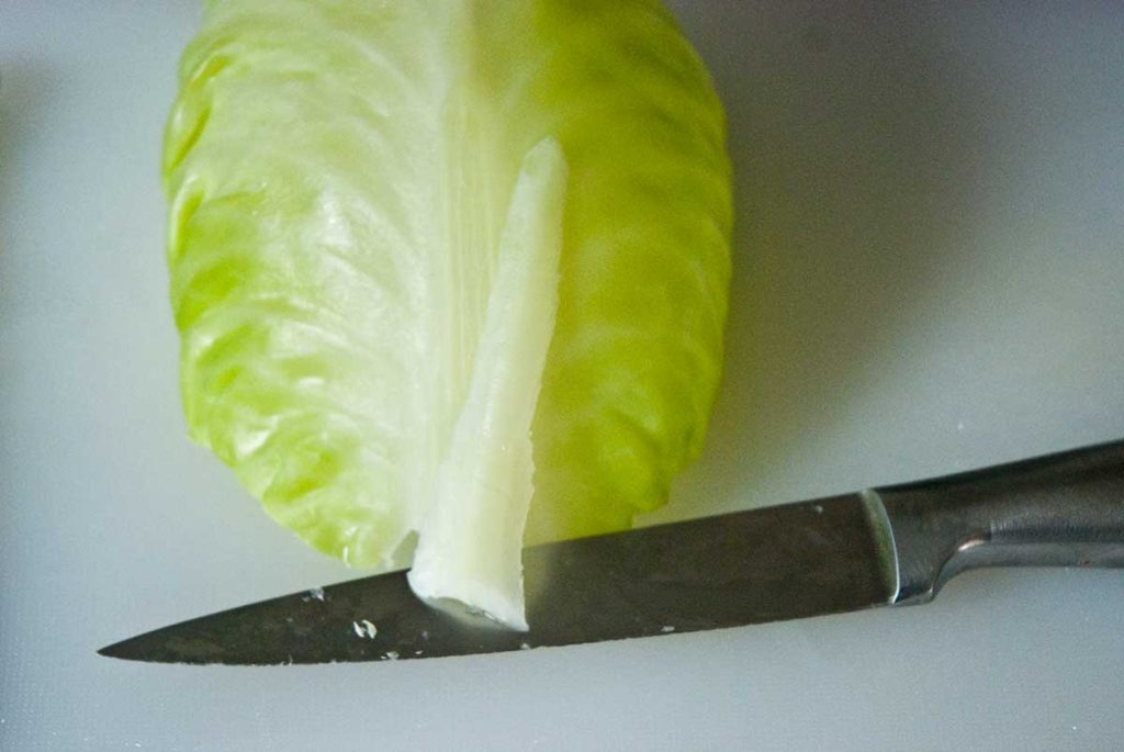 Trimming the thick part of the cabbage leaf stem to make it easier to roll.