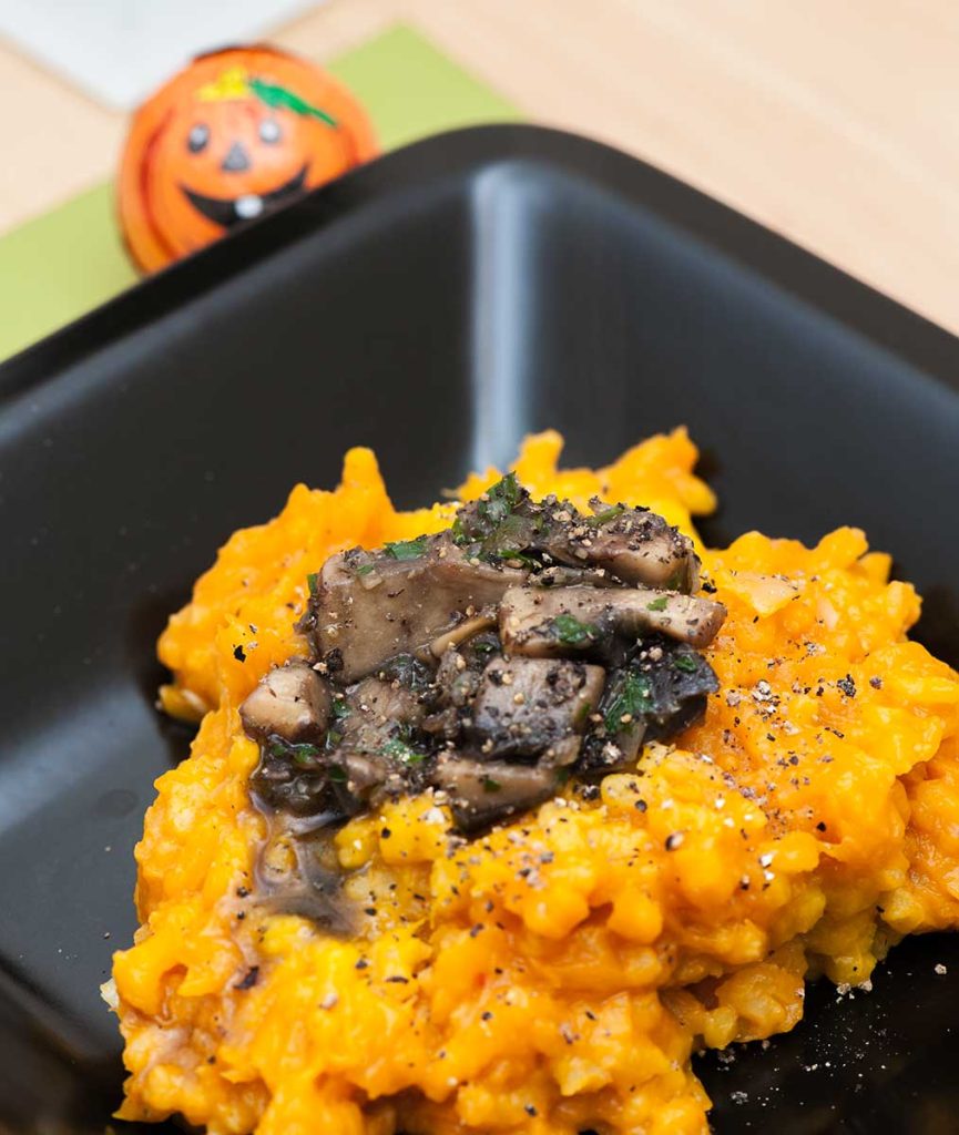 Serving suggestion - pumpkin risotto with fried mushrooms.