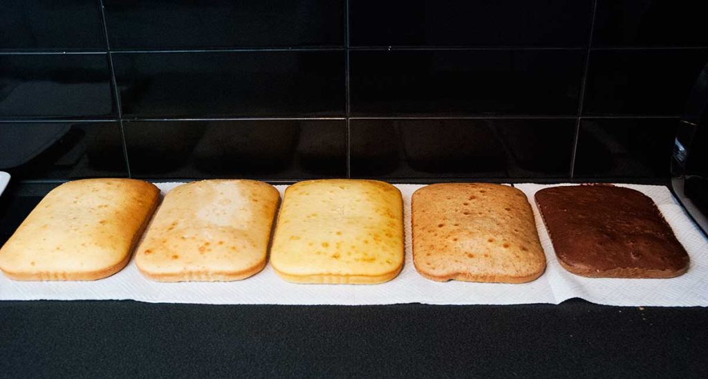 5 types of sponge cake base freshly baked.