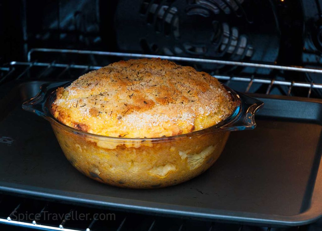 Mashed root vegetable bake with cheese , fresh from the oven.