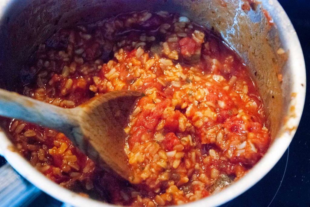 Close up of the finished rice, pepper and tomato stuffing.