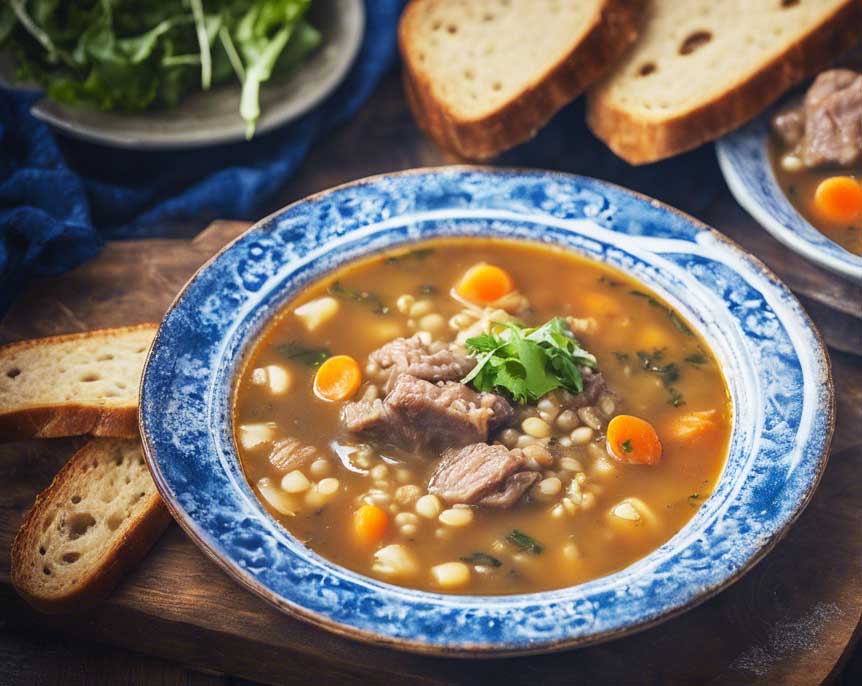 Serving suggestion - a blue plate full of delicious Scotch Broth served with rustic Bannock bread. 