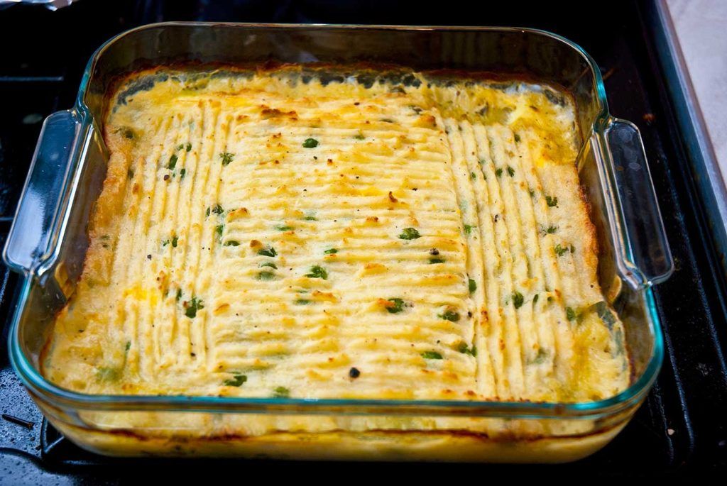 Freshly baked british fish pie, restaurant-style.