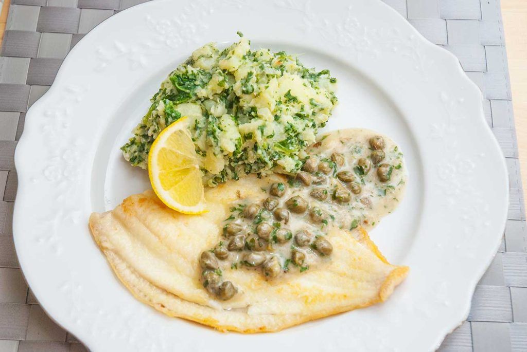 Croatian chard and potato mash served with grilled plaice and caper sauce.