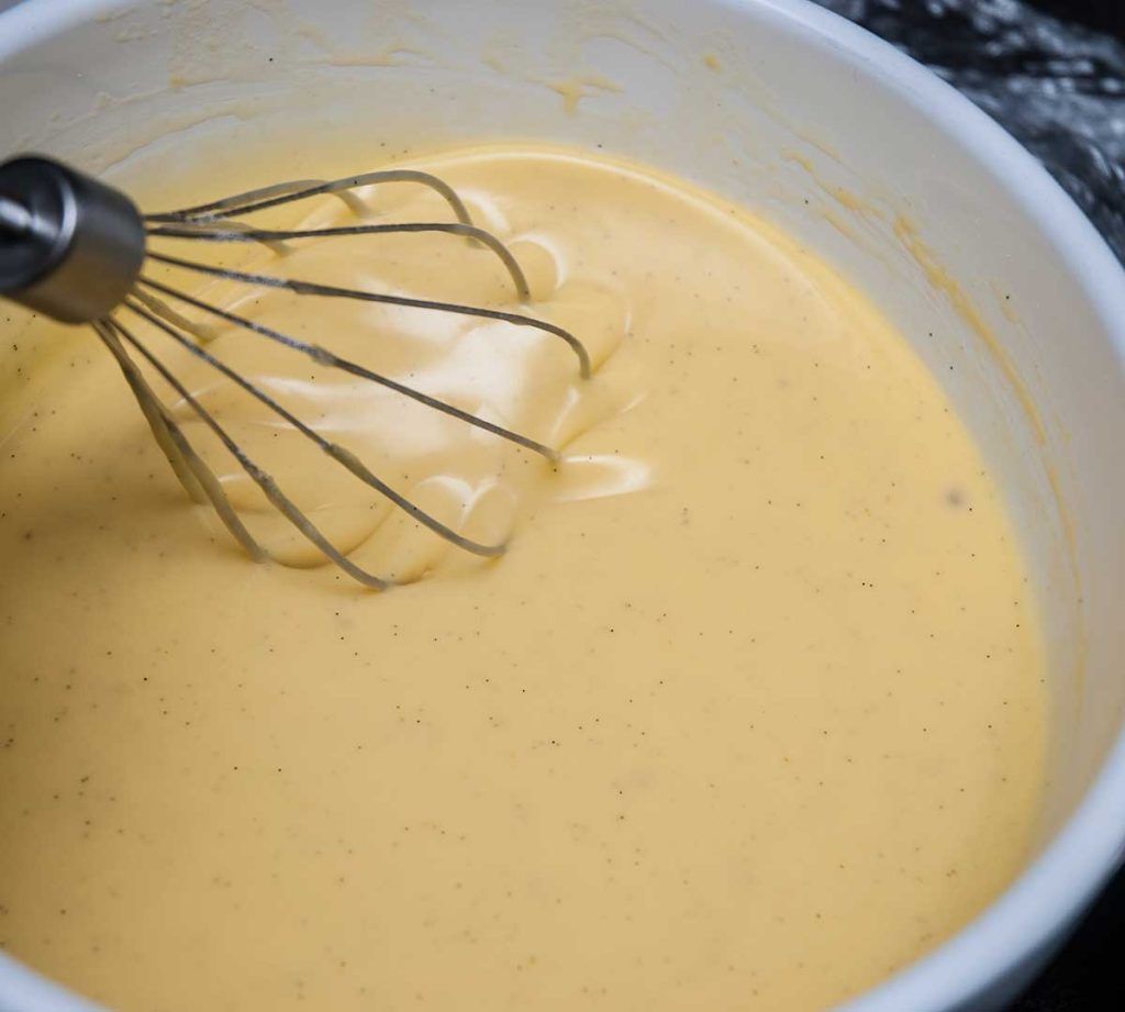 Batter for Clafoutis, French custard cake with cherries, ready to pour.