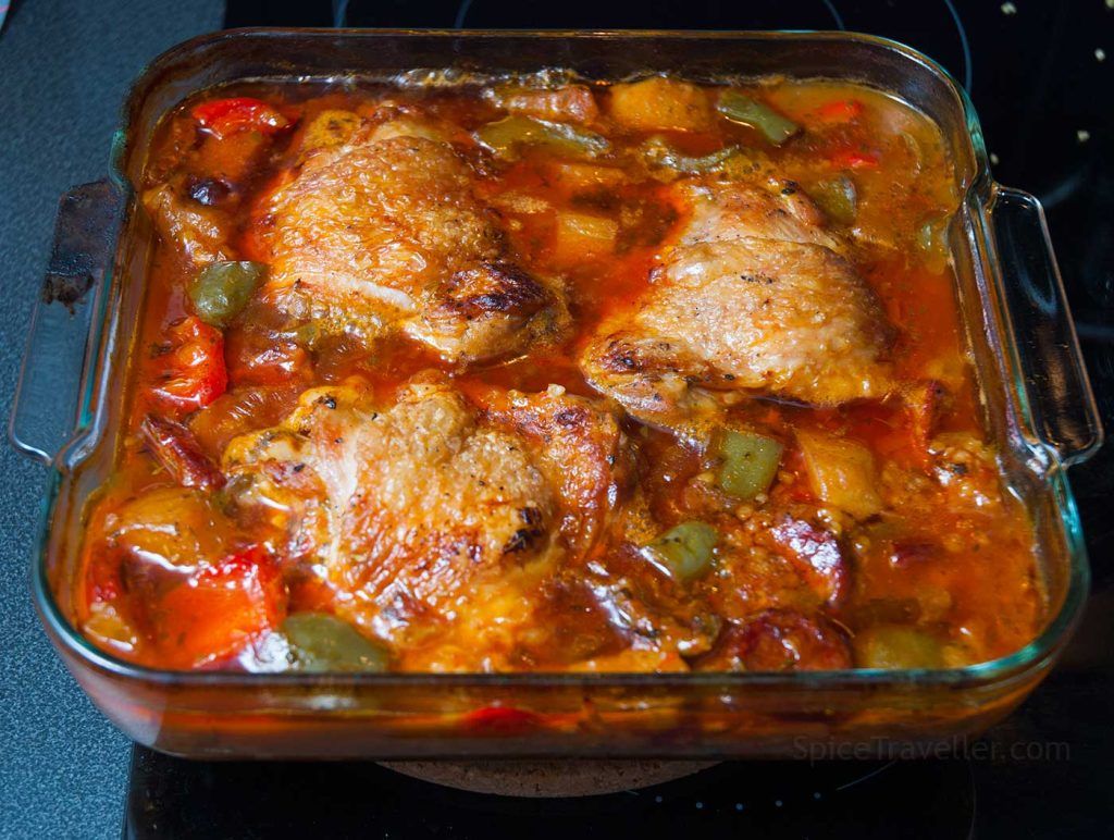 Turkish chicken and bulgur bake (guvec) straight from the oven.