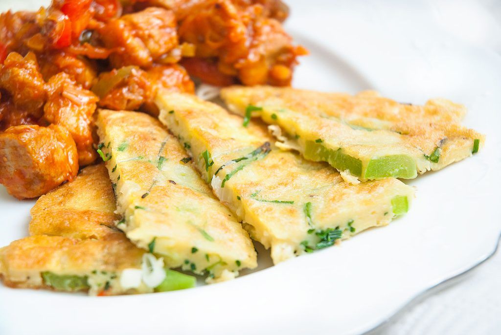 Serving Korean chive pancakes with Korean spicy chicken.